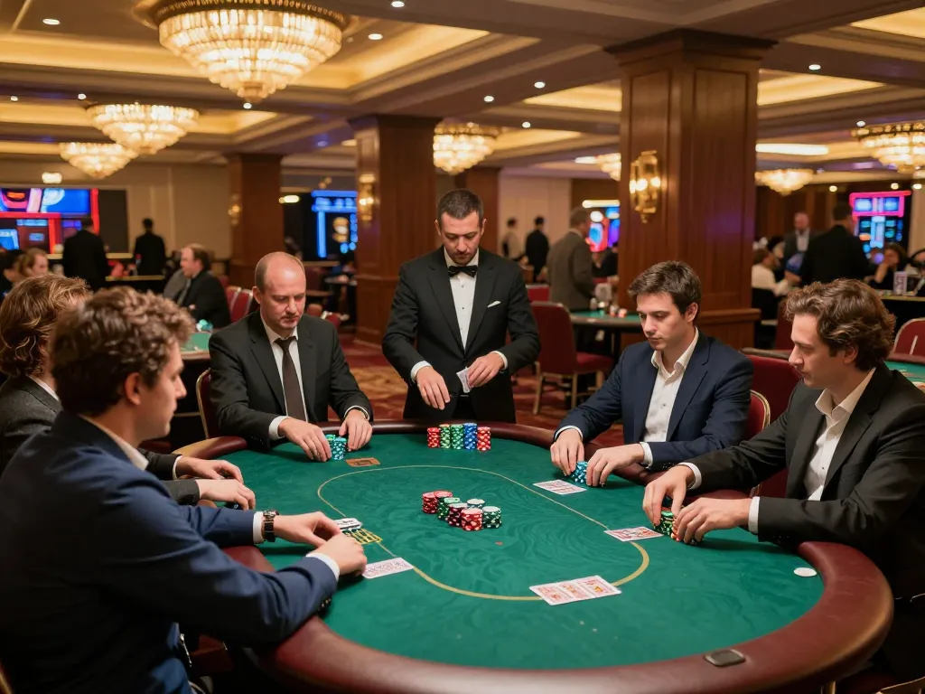 Engaged players strategizing at a superjp poker table in a lavish casino