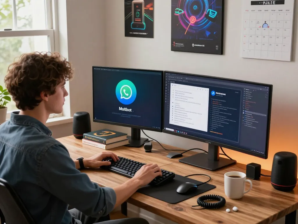 Moltbot AI user managing tasks in a modern home office, showcasing a productive workspace filled with tech devices.