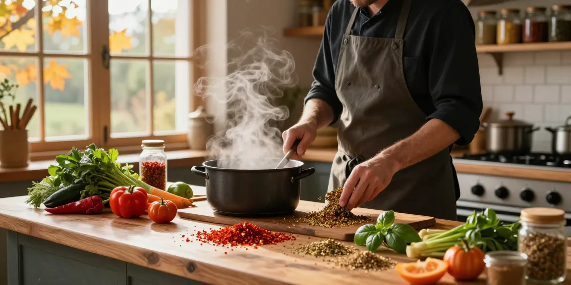 Kochen mit Gewürzen in einer gemütlichen Küche, die lebendige Gewürze und frische Zutaten für schmackhafte Gerichte präsentiert.