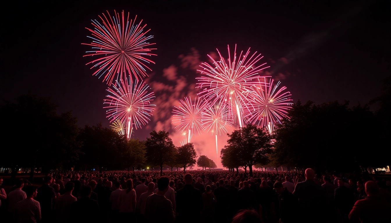 Spectators enjoying a spectacular manchester fireworks display in a festive atmosphere.