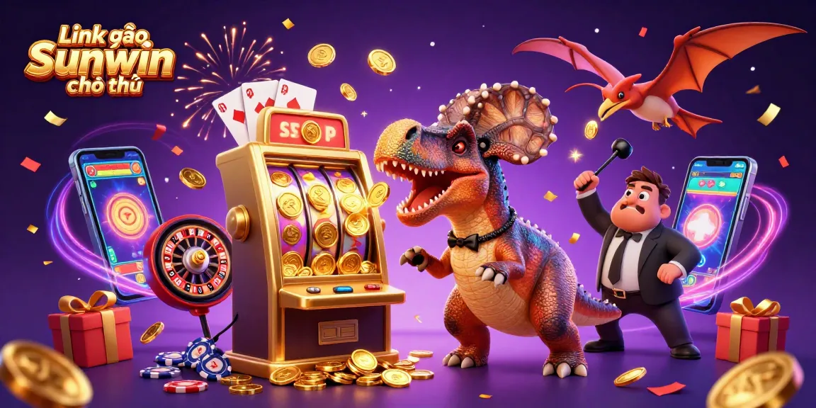 Link vào Sunwin chính thức showcases a 3D cartoon scene of a dinosaur headbutting a slot machine, capturing thrilling jackpot moments.