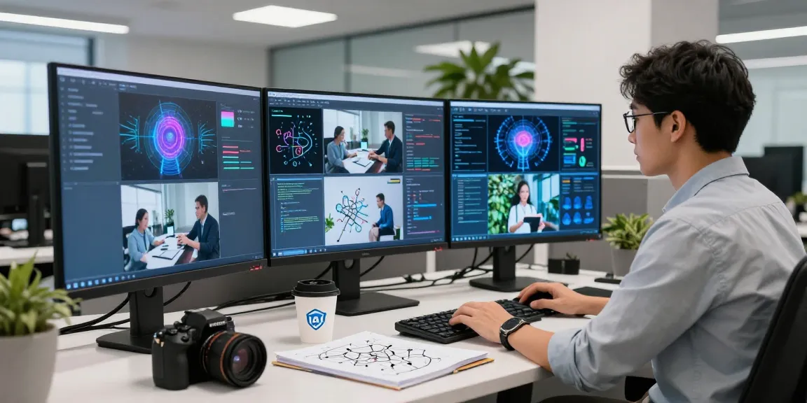 AI detector technology showcased in a modern office environment with multiple screens analyzing images.