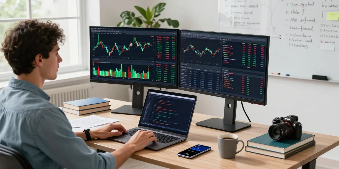 使用德股WebSocket推送接口的开发者在现代办公室内专注于实时股市数据分析，显示交易策略和代码。