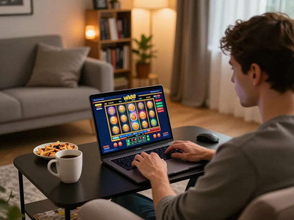 Engaged player enjoying vin88 slot games on a laptop in a cozy living room setting.