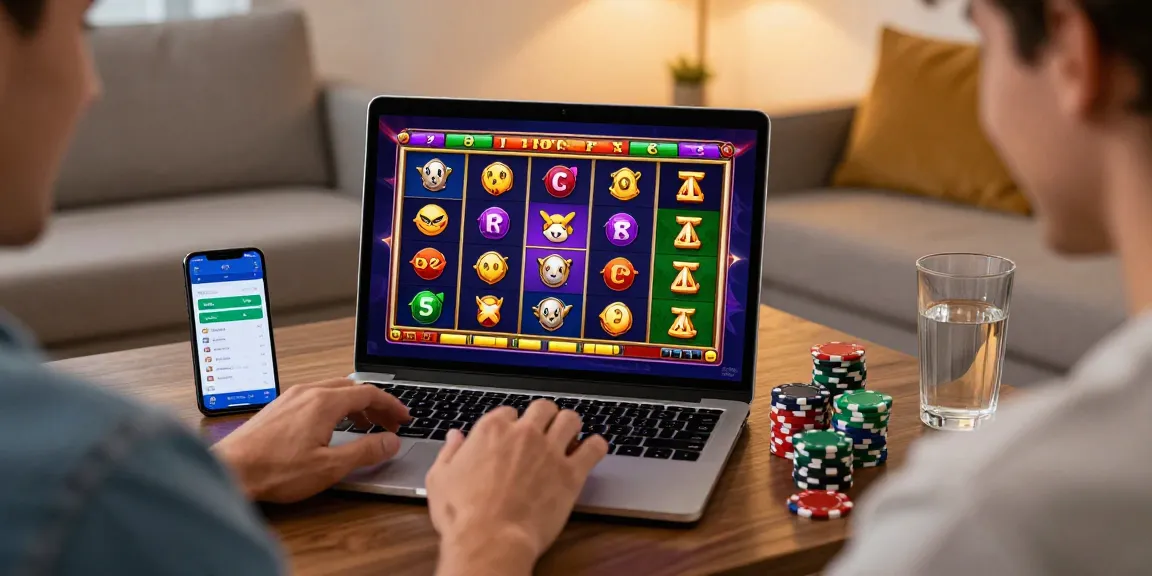 Engaged player enjoying slot deposit 5k gaming experience on modern laptop with vibrant graphics and gaming elements.