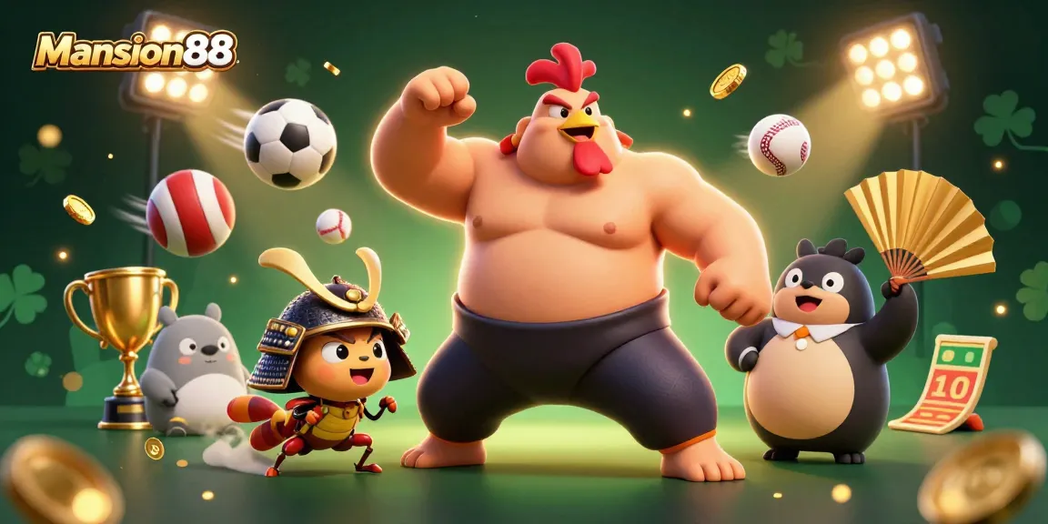 Mansion88 lively casino scene featuring a powerful sumo rooster, fierce cricket, and a tanuki announcer amid dynamic sports elements.