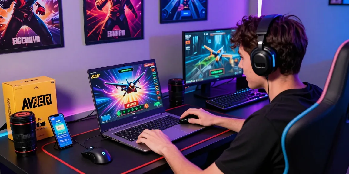 Aviator Betway online gaming setup showcasing a player cashing out before the plane crashes, emphasizing excitement in the gaming atmosphere.