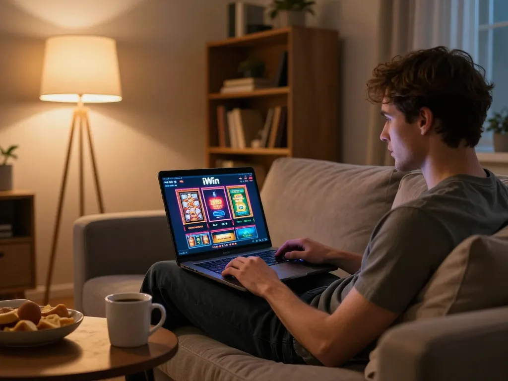 Engaged player enjoying iWin online casino on a sleek laptop, cozy home environment.