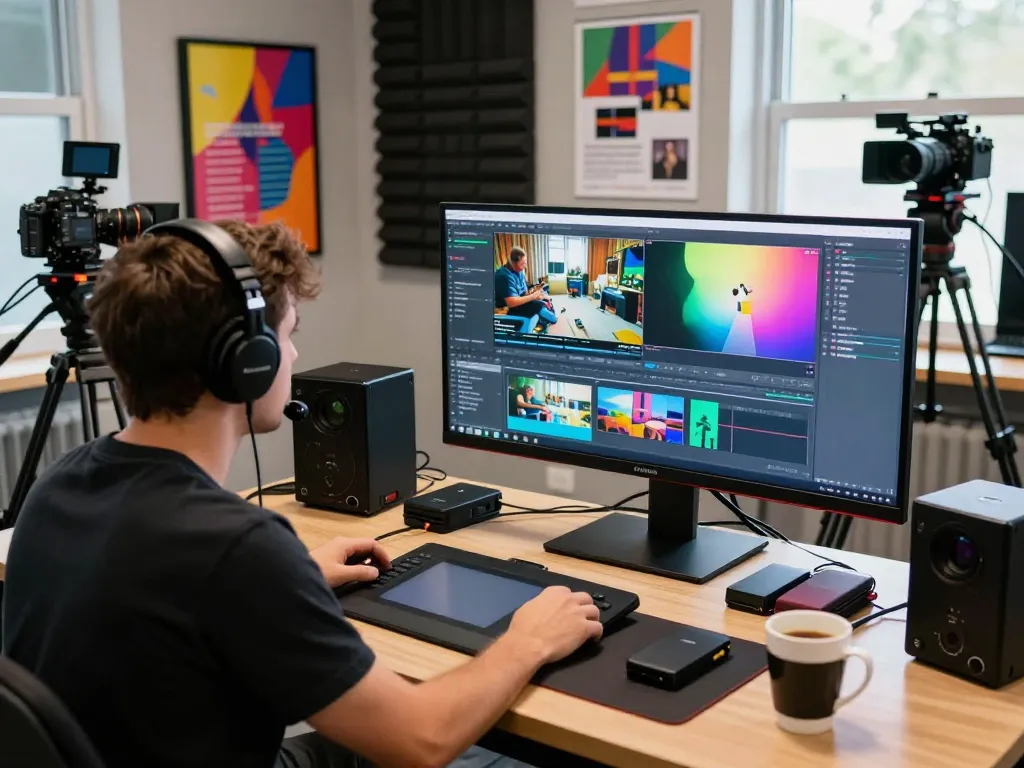 Professional at a video to promptgenerator workstation analyzing footage with detailed visuals on a large monitor.