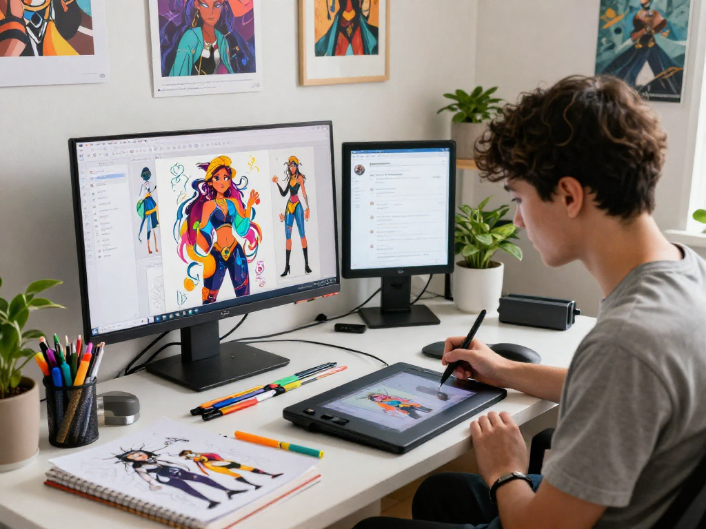 Digital artist creating character ai nsfw designs in a colorful studio filled with art supplies.