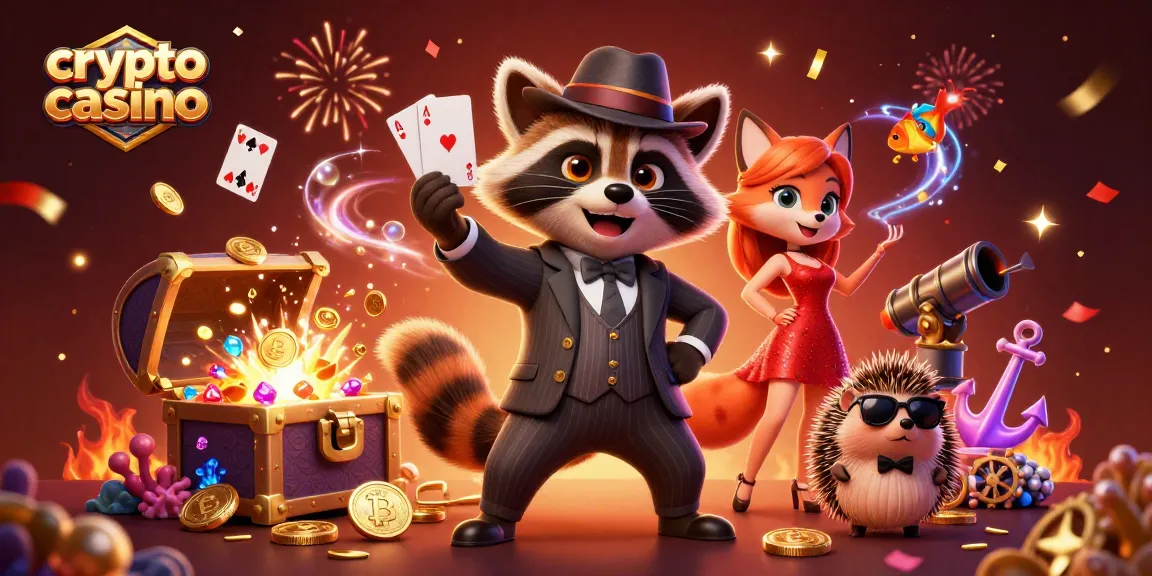 Engaging 3D scene of a suave raccoon and glamorous fox amid crypto casino elements, showcasing dynamic action.