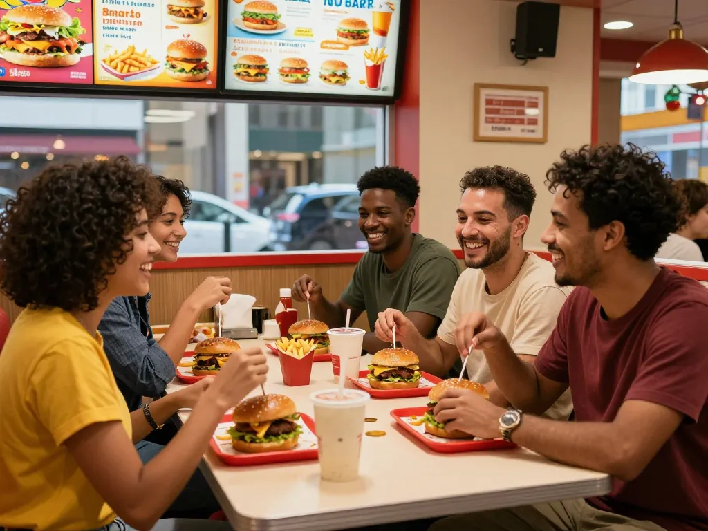 Diverse friends enjoying fast food prices while sharing meals at a restaurant booth with colorful decor.