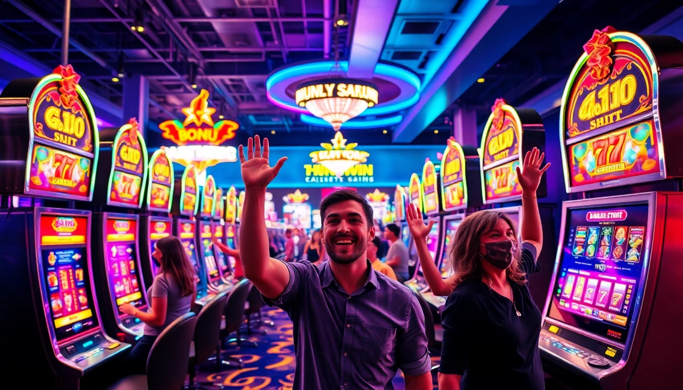 Permainan slot777 yang menarik dengan mesin slot berwarna-warni dan pemain yang bersenang-senang.