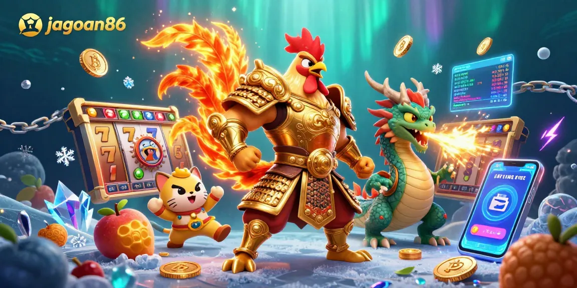 Engage with jagoan86's thrilling slot gameplay featuring a fighting rooster and dragon amidst vibrant symbols and cryptocurrencies.