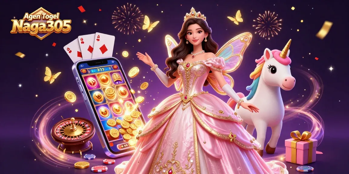 Agen Togel Naga305 reveals a glamorous scene of Asian woman and golden unicorn amidst celebratory gaming elements and dynamic casino atmosphere.