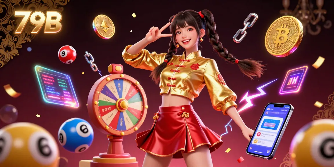 Play lottery and win big with 79B, featuring vibrant 3D elements and energetic character.
