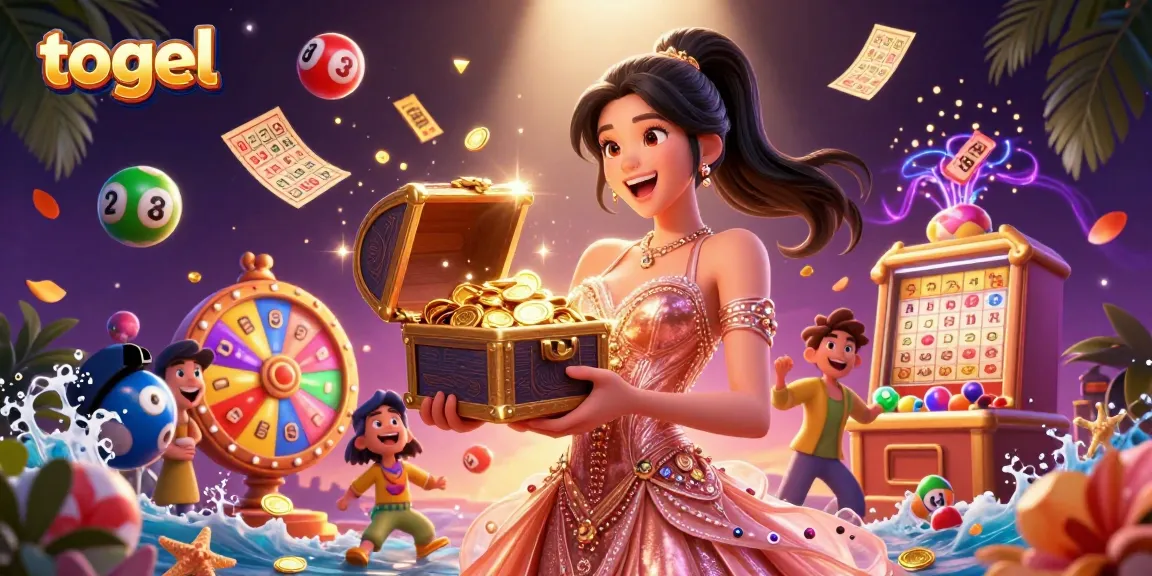 Engage in togel excitement with a beautiful Asian woman showcasing a treasure chest of gems and coins.