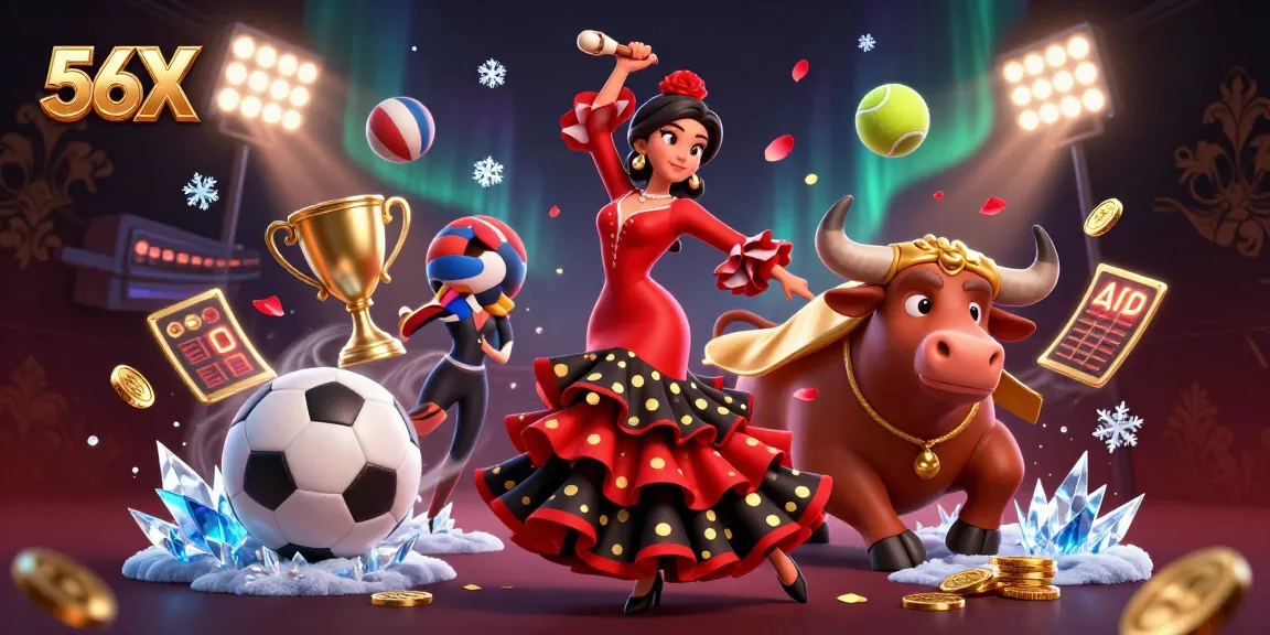 Bet big with 56X, a vibrant casino scene featuring a flamenco dancer, trophy, and animated sports elements.