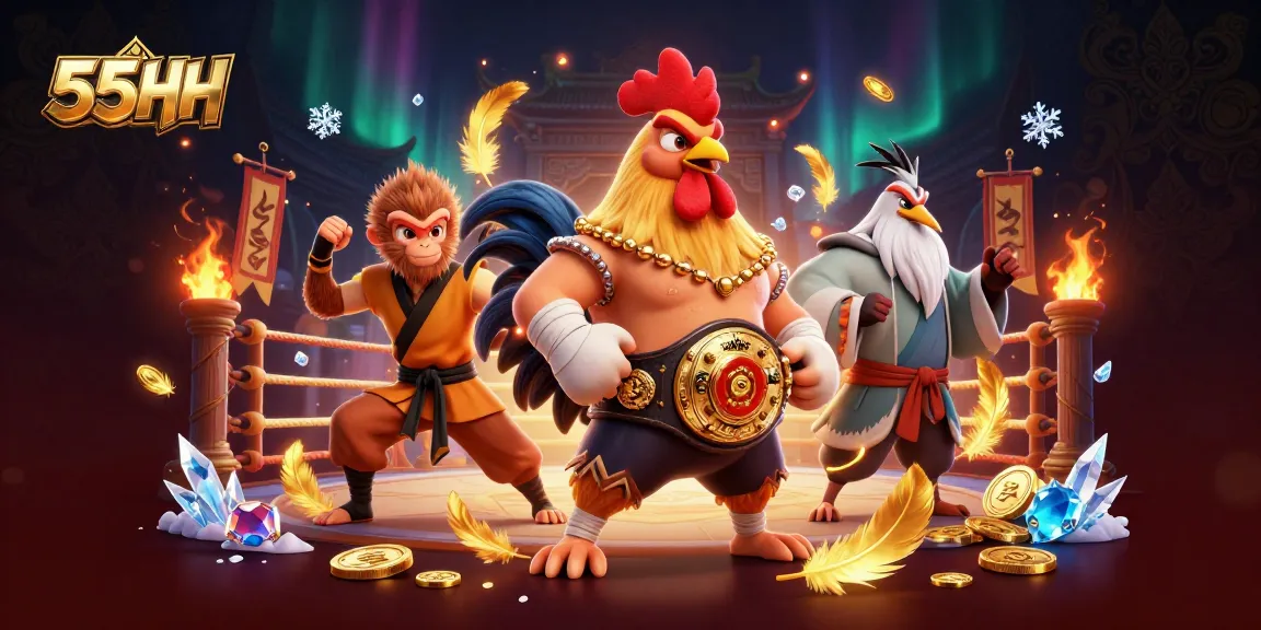 Experience the excitement of 55HH with a dynamic scene of martial artists, gold coins, and a fighting arena atmosphere.