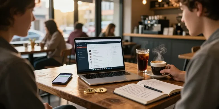 Engaging bitcoin mining platform dashboard in a cozy coffee shop setting, showcasing cryptocurrency wallet and blockchain research.