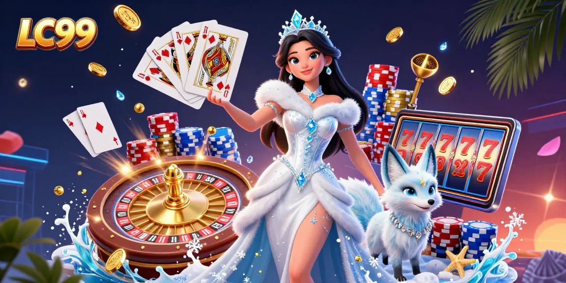 Win big with LC99 in a vibrant, action-packed 3D casino illustration filled with treasures.