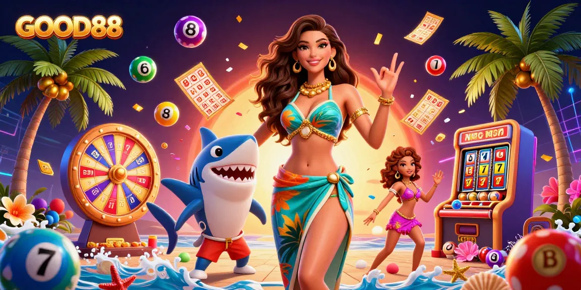 Engage in exciting gameplay at GOOD88 with a colorful dynamic casino scene full of lottery fun and vibrant energy.