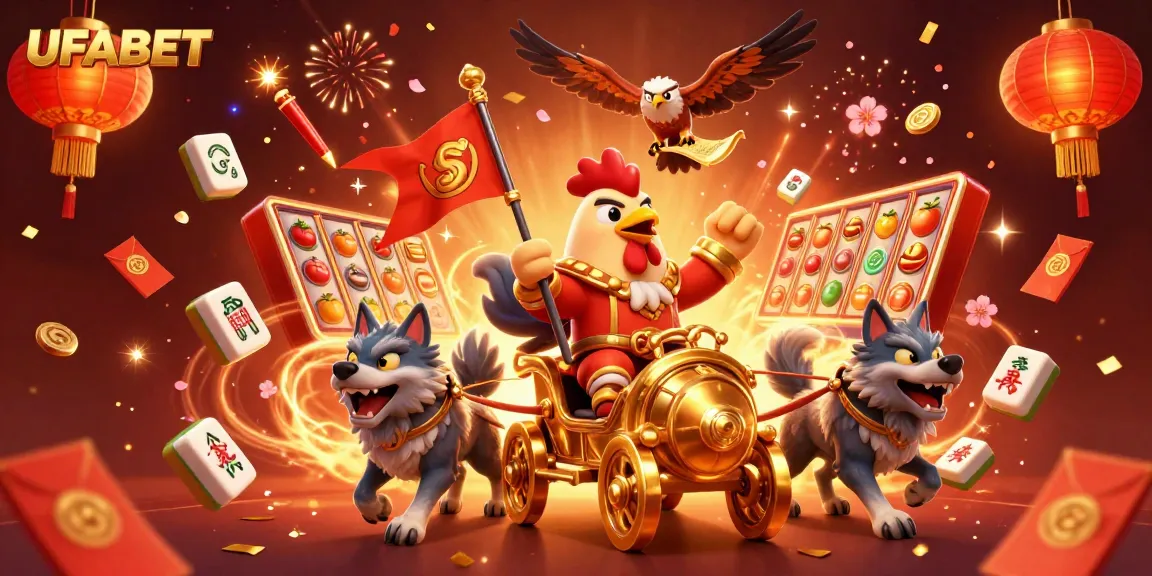 Experience dynamic betting action with UFABET in a vibrant 3D illustration featuring a rooster warlord and game elements.