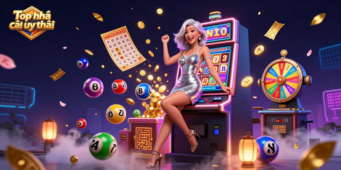 Experience the excitement at Top nhà cái uy tín with a stunning Asian woman celebrating a jackpot win amidst vibrant casino elements.