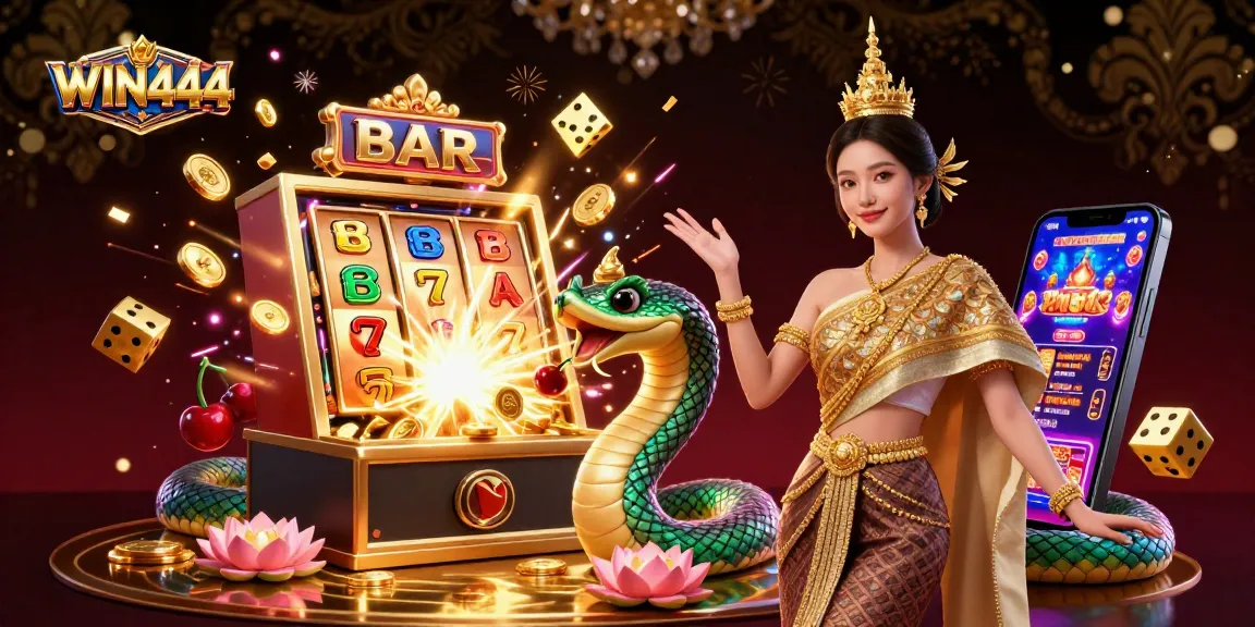 Win444 jackpot illustration showcasing a vibrant Asian dancer, Naga serpent, and a slot machine bursting with coins.