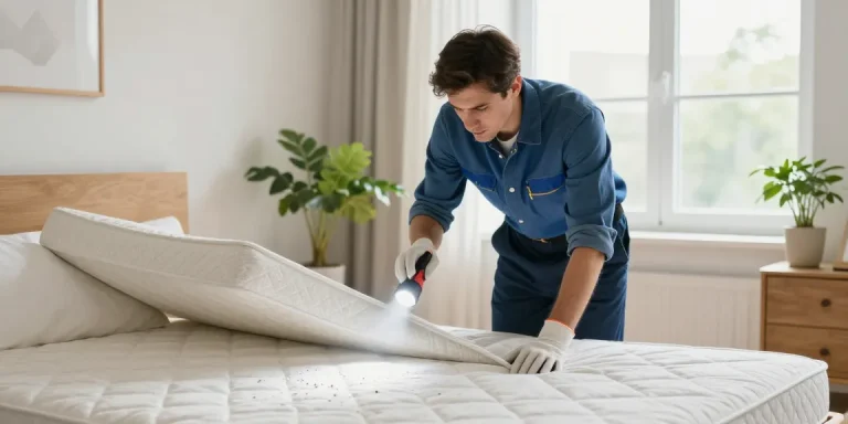 Exterminator conducting bed bug pest control inspection in a bright bedroom, ensuring a thorough and safe process.