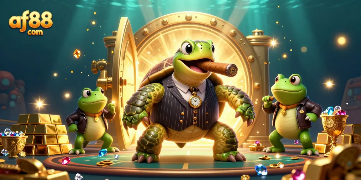 Join the excitement at af88 com with a vibrant 3D turtle mobster and bullfrog enforcers in a bustling casino