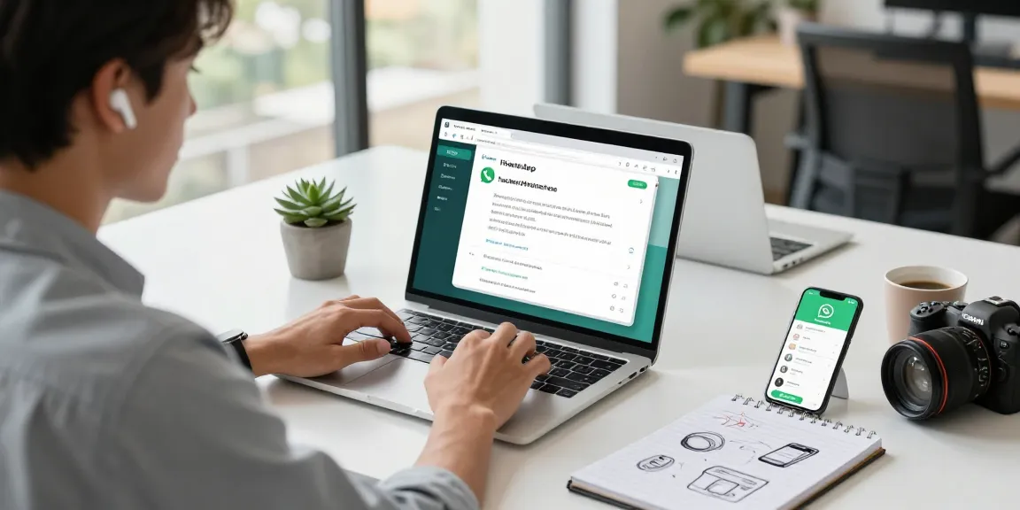 WhatsApp下載 on a laptop screen in a modern workspace with coffee and notepad details.