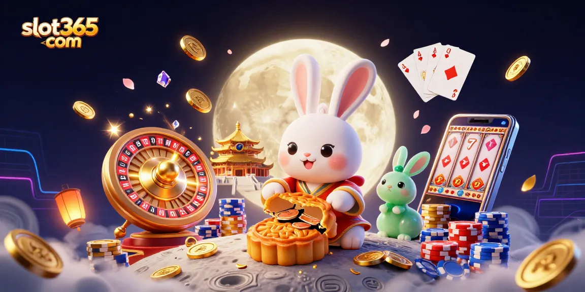 Play big at slot365 com with a vibrant scene featuring a moon rabbit and treasures of poker chips.