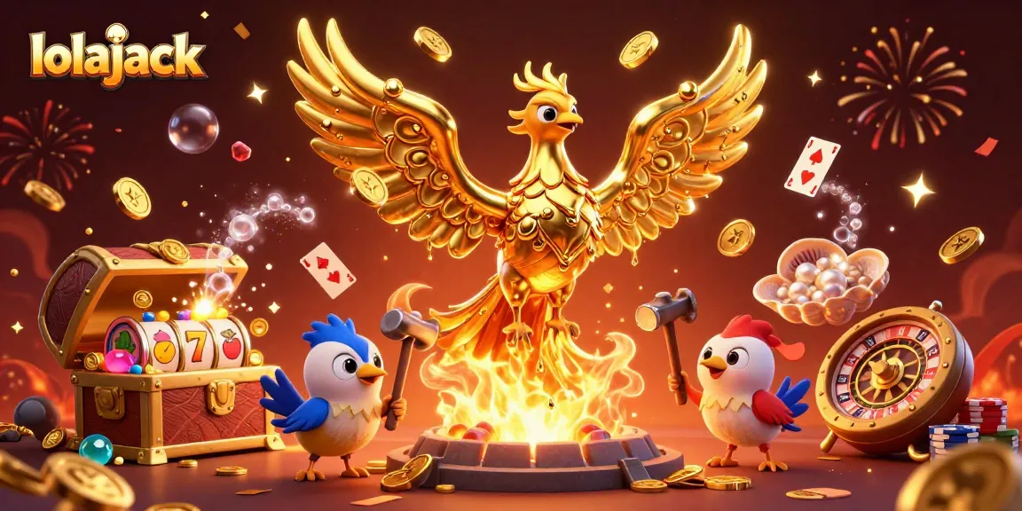 Experience the thrilling games at lolajack casino with a rich and dynamic golden phoenix scene showcasing slot reels and festive coins.