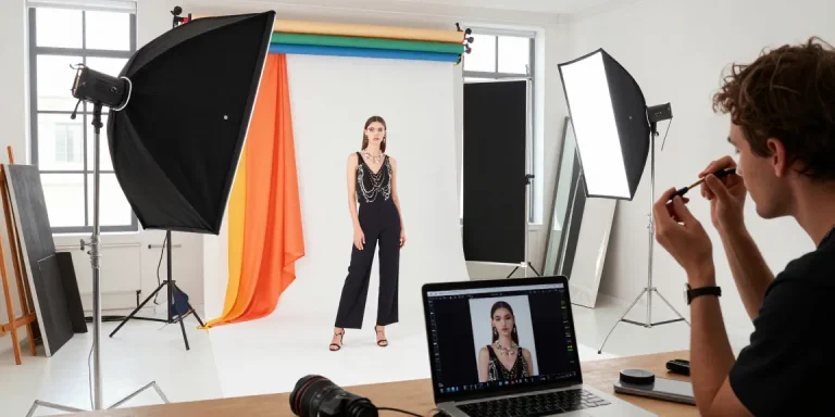 Studio fotografico Milano avec un photographe professionnel dirigeant un modèle en haute couture.