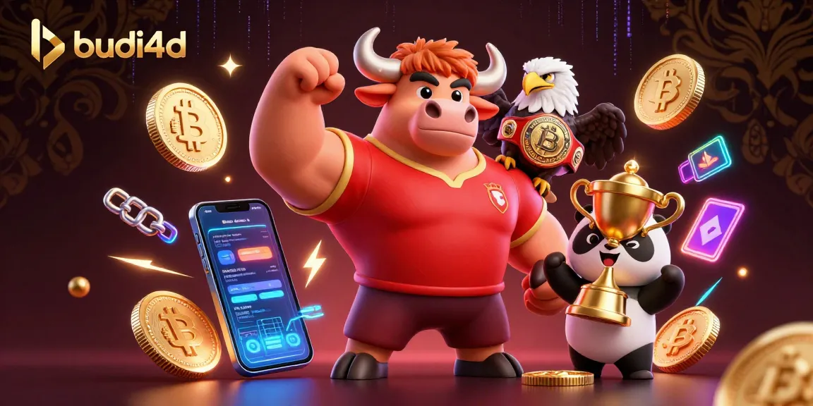 Engage with budi4d in an exciting 3D casino scene filled with crypto elements and vibrant characters.
