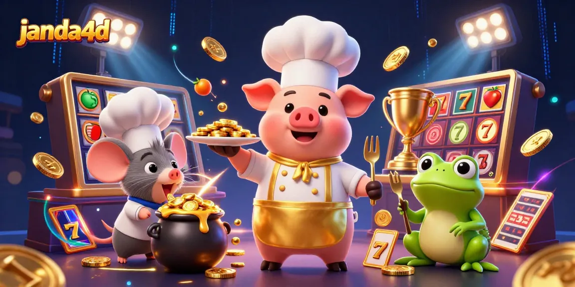Meraih kemenangan besar di janda4d dengan chef 3D yang menyajikan koin emas dalam suasana kasino yang glamor.