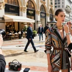 Fotografo professionista Milano in azione durante un servizio fotografico di moda, modello luminoso con accessori in un ambiente urbano chic.