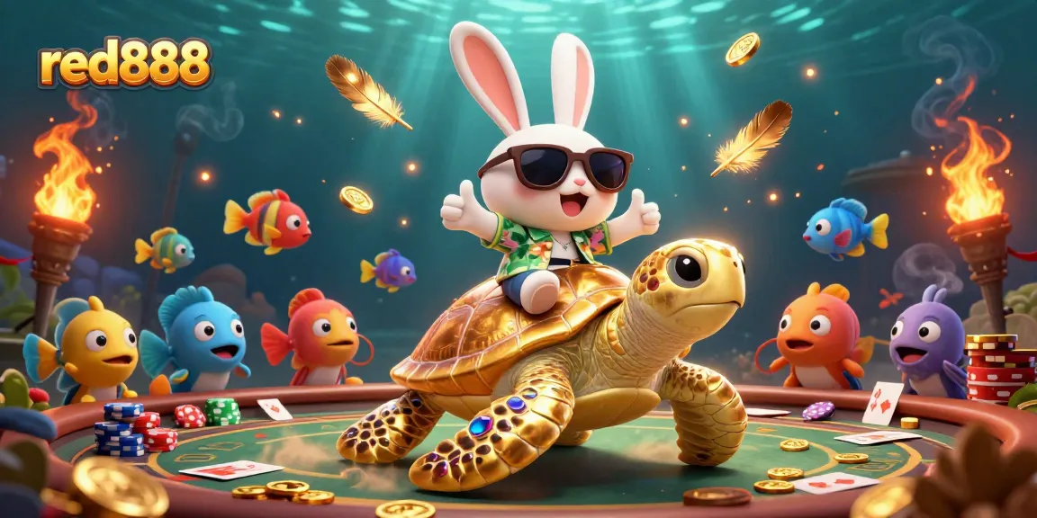 Experience excitement with red888 as the lucky rabbit celebrates on a golden turtle amidst casino elements.
