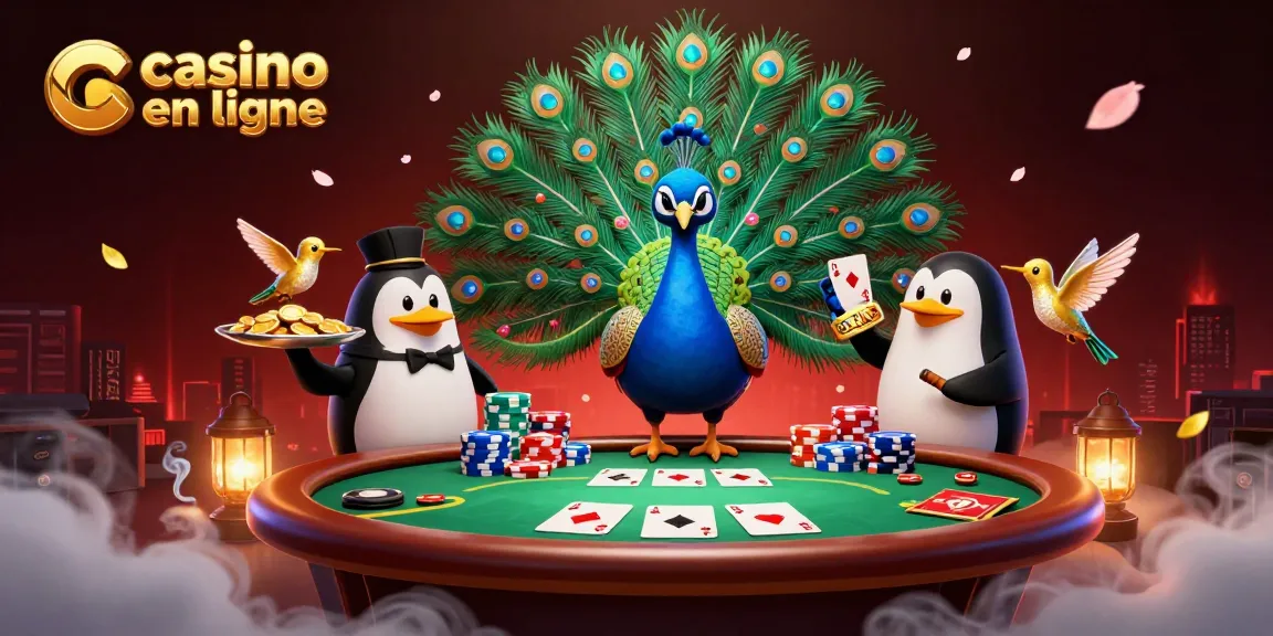 Jouer à des jeux de casino en ligne avec un paon aristocratique et un pingouin majordome dans une scène festive dynamique.