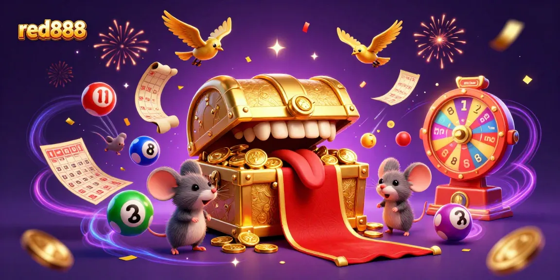 Experience thrilling wins at red888 with a vibrant 3D casino scene filled with animated lottery elements.