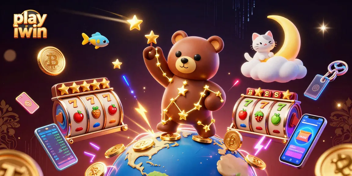 Play iwin with vibrant slot reels, golden coins, and whimsical characters in a dynamic casino scene.