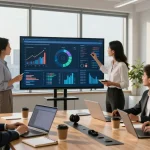 Business team analyzing financial crime intelligence data in a modern office setting