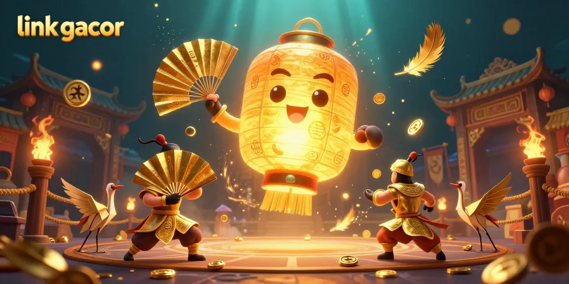 Engage with link gacor in an enchanting casino scene featuring golden lantern spirits and warriors.