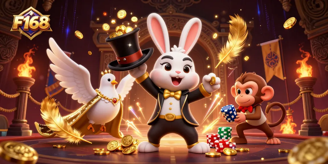 F168 showcases a 3D cartoon magician rabbit pulling golden coins, embodying fun and excitement in gaming.