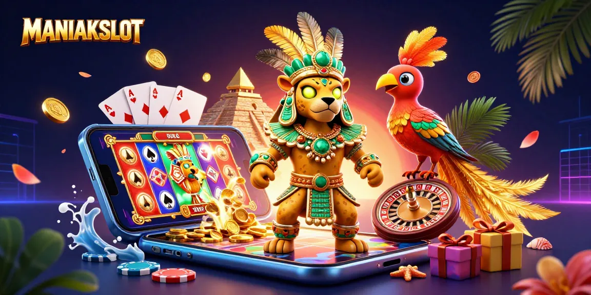 Spin to win with MANIAKSLOT, showcasing vibrant 3D casino elements and characters.