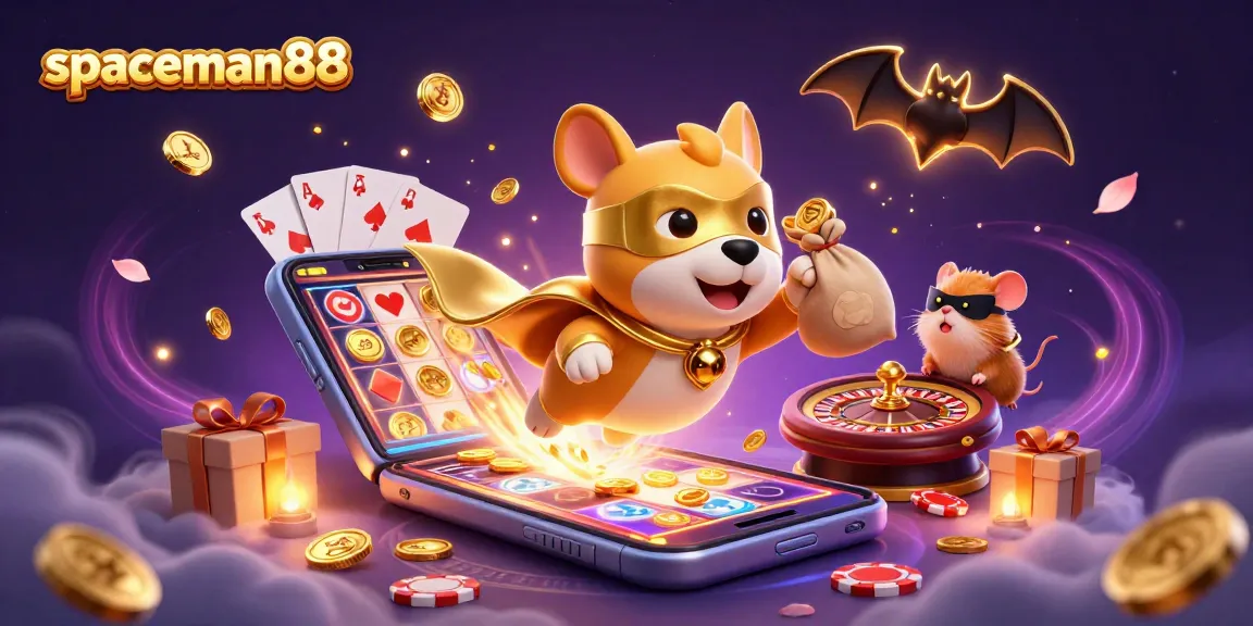 Experience the thrill of spaceman88 slot games with a superhero dog carrying coins amidst colorful gaming elements.