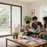 Family discussing home renovation ideas at abacasdoors.co.uk, showcasing stylish sliding glass doors and modern design.