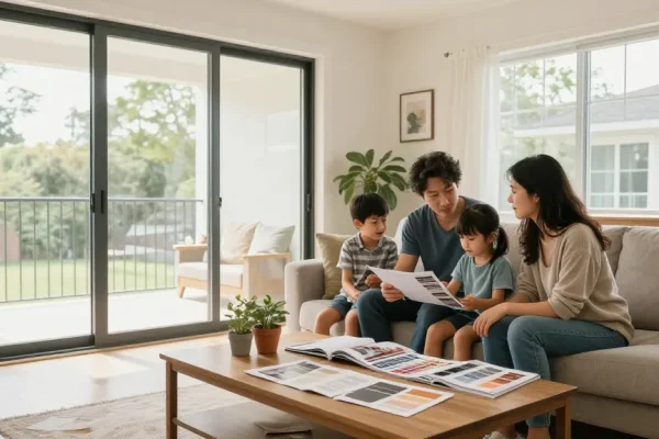Family discussing home renovation ideas at abacasdoors.co.uk, showcasing stylish sliding glass doors and modern design.
