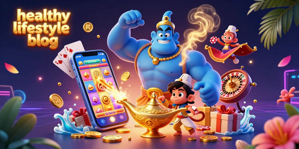 Engage with the dynamic scene of the healthy lifestyle blog featuring a vibrant genie and casino elements.